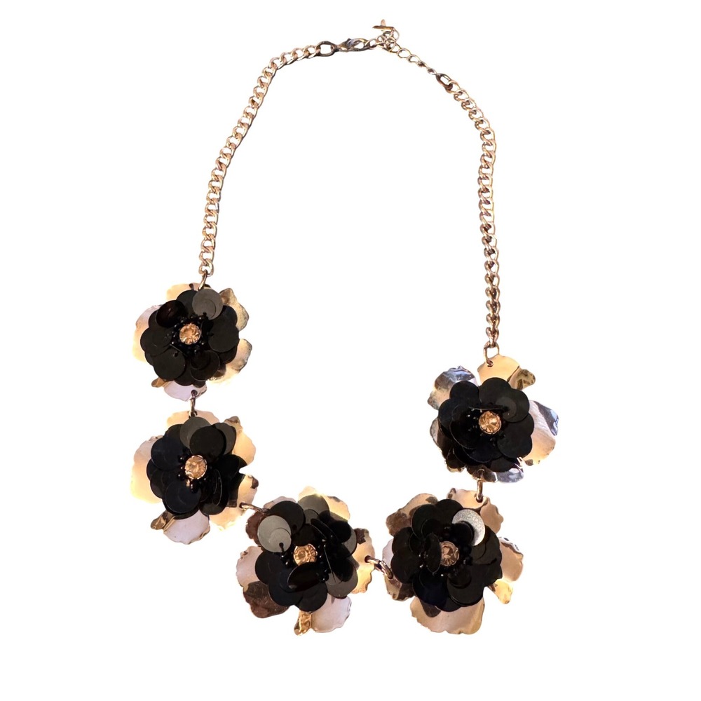 XOXO Floral Statement Bib Necklace Gold Tone Black Sequin Rhinestone Flowers